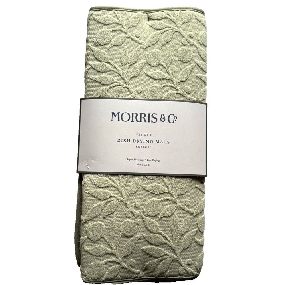 Morris & Co Kitchen Dish Drying Mats Rosehip Green 18X24 Set of 2 Textured